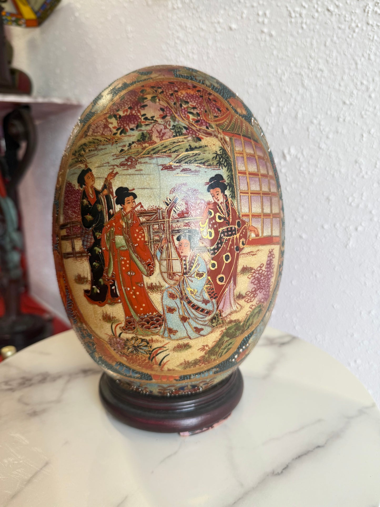 Vintage Japanese Porcelain Egg Hand Painted Satsuma Oriental.