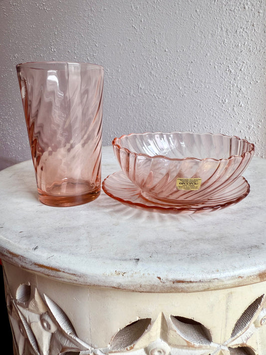 Vintage French Arcoroc Rosaline Pink Swirl Glass Set