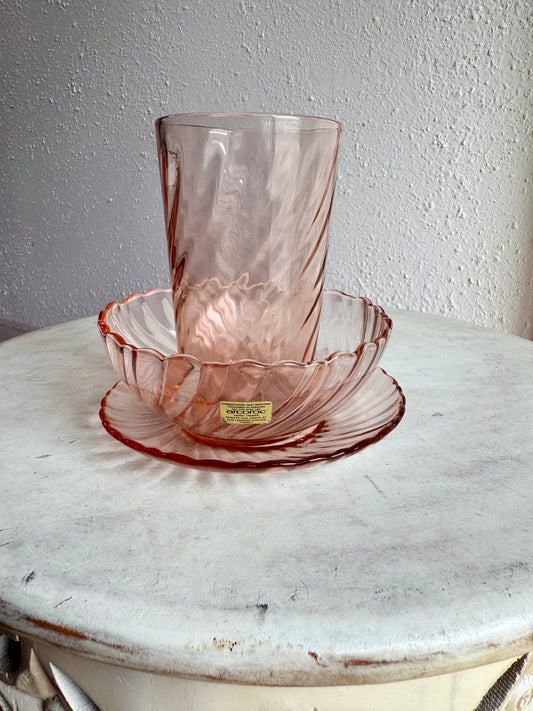 Vintage French Arcoroc Rosaline Pink Swirl Glass Set