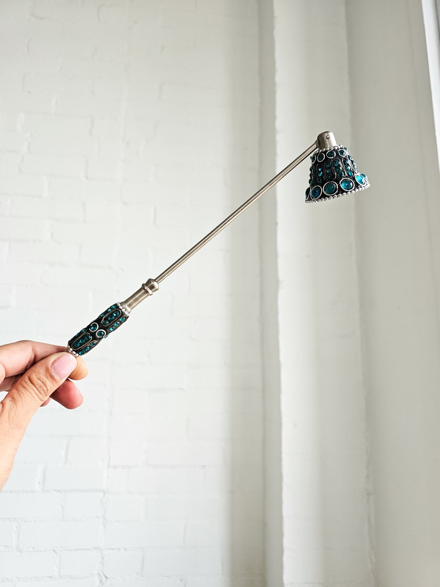 Bejeweled Blue Stones 12”Silver Colored Candle Snuffer