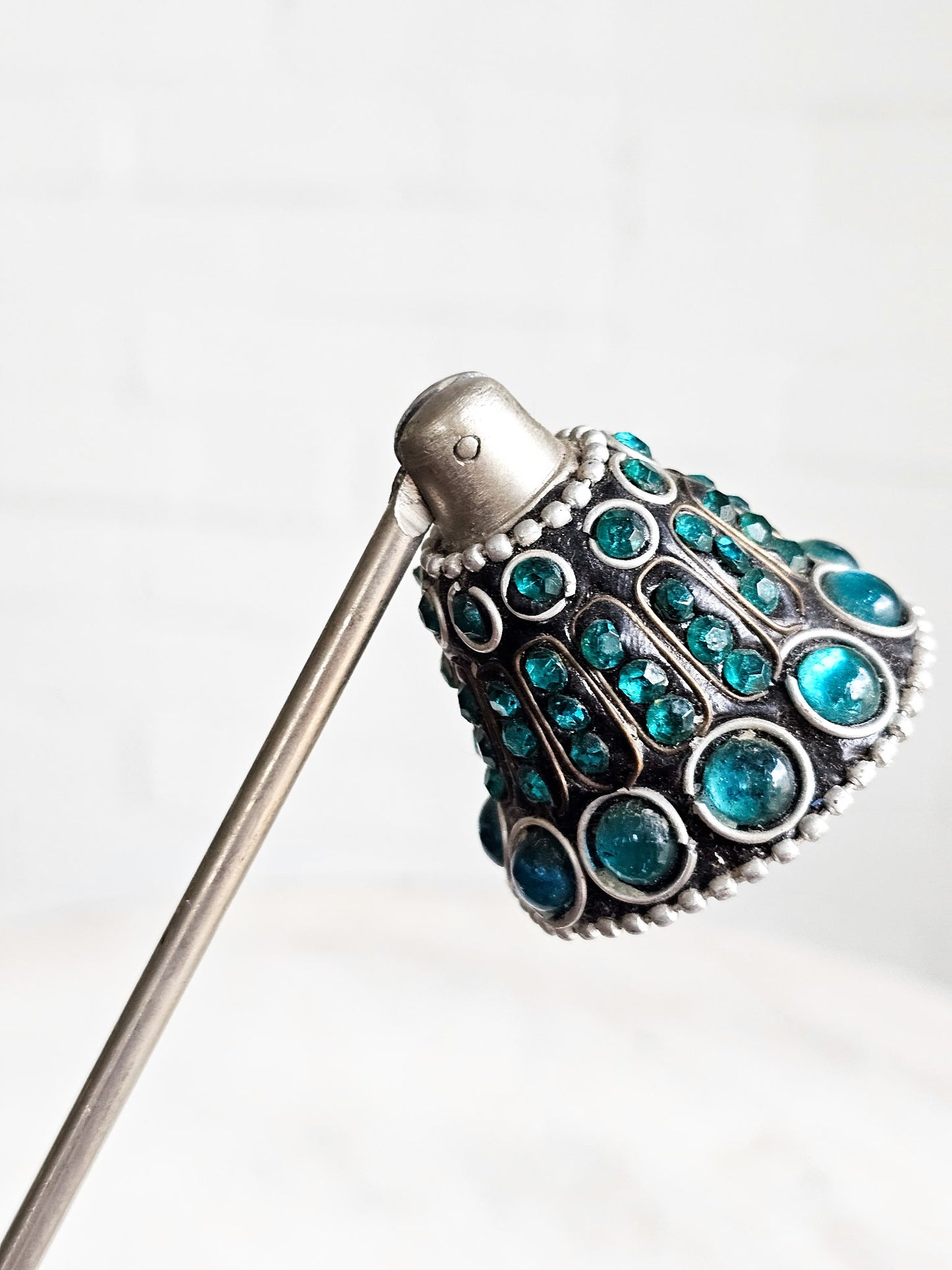 Bejeweled Blue Stones 12”Silver Colored Candle Snuffer