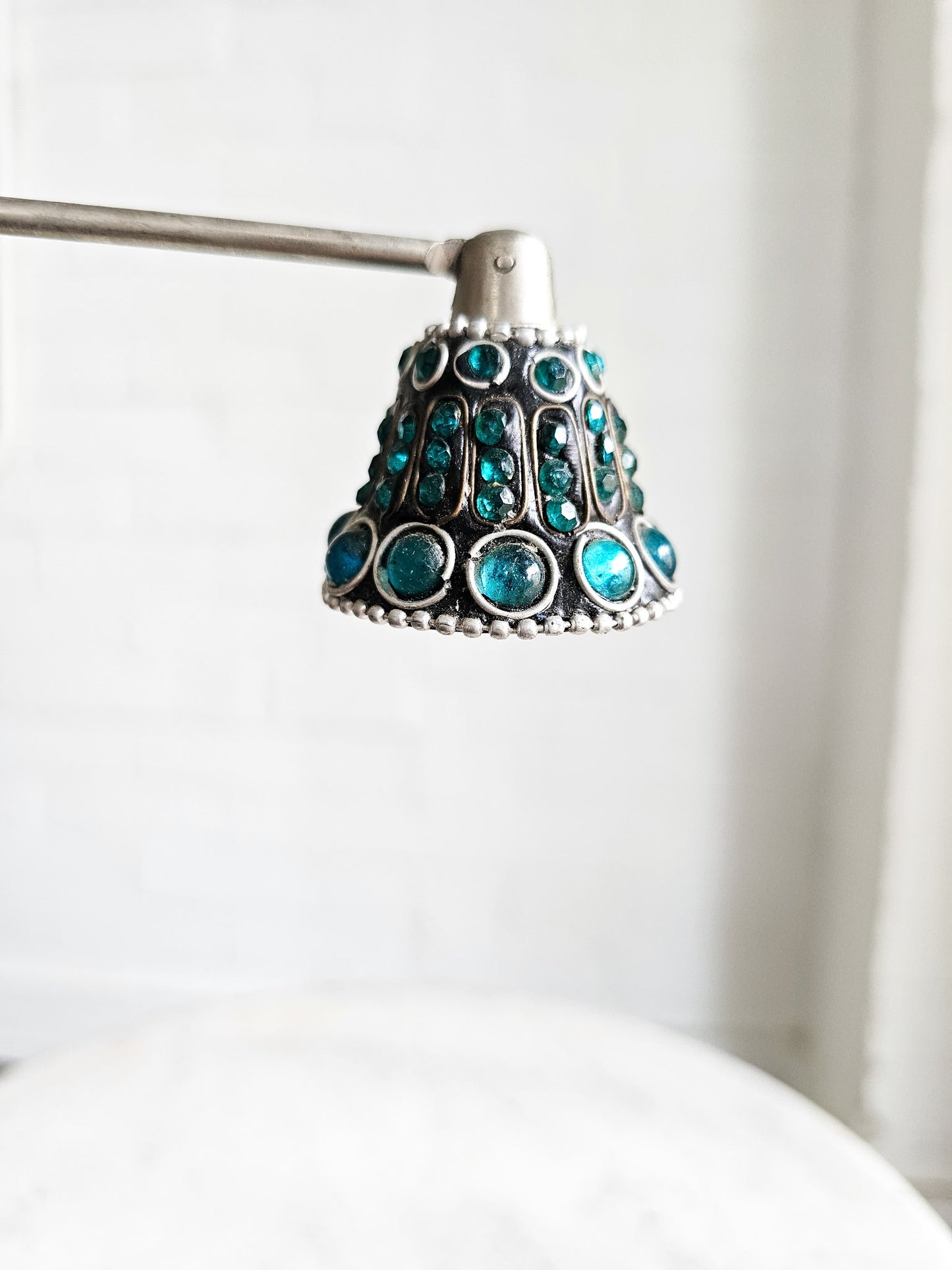 Bejeweled Blue Stones 12”Silver Colored Candle Snuffer