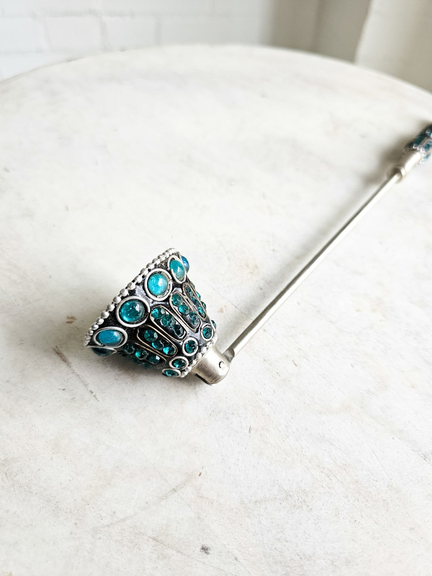 Bejeweled Blue Stones 12”Silver Colored Candle Snuffer